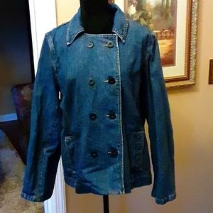 Relativity double breasted denim blue jean jacket 100% cotton 2 pockets XL EUC…